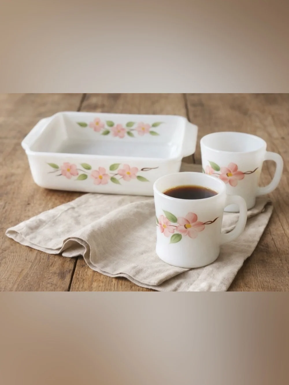 Vintage Fire‎ King Pink Floral Milk Glass Casserole Dish w/ 2 Mugs Set